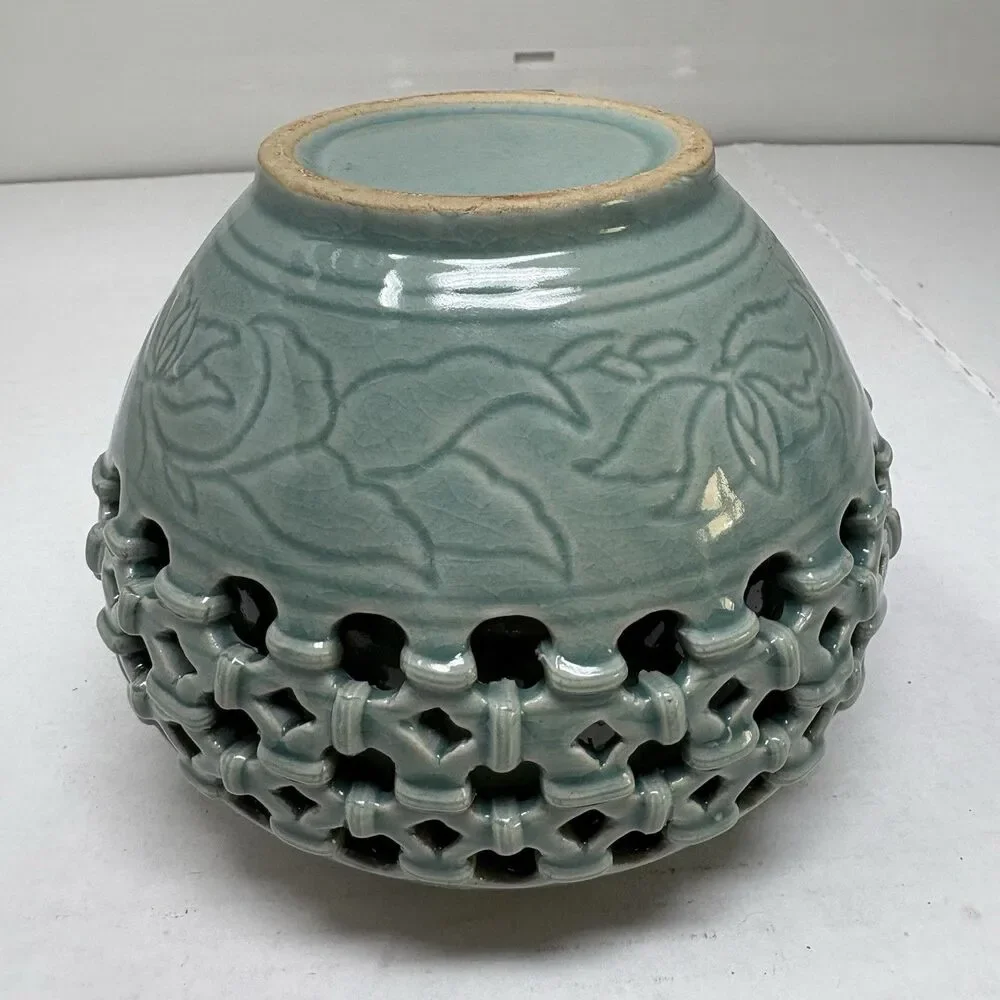 Korean Celadon Double Wall Openwork Vase W/Inlaid Crane & Cloud Motif 5” x 6”